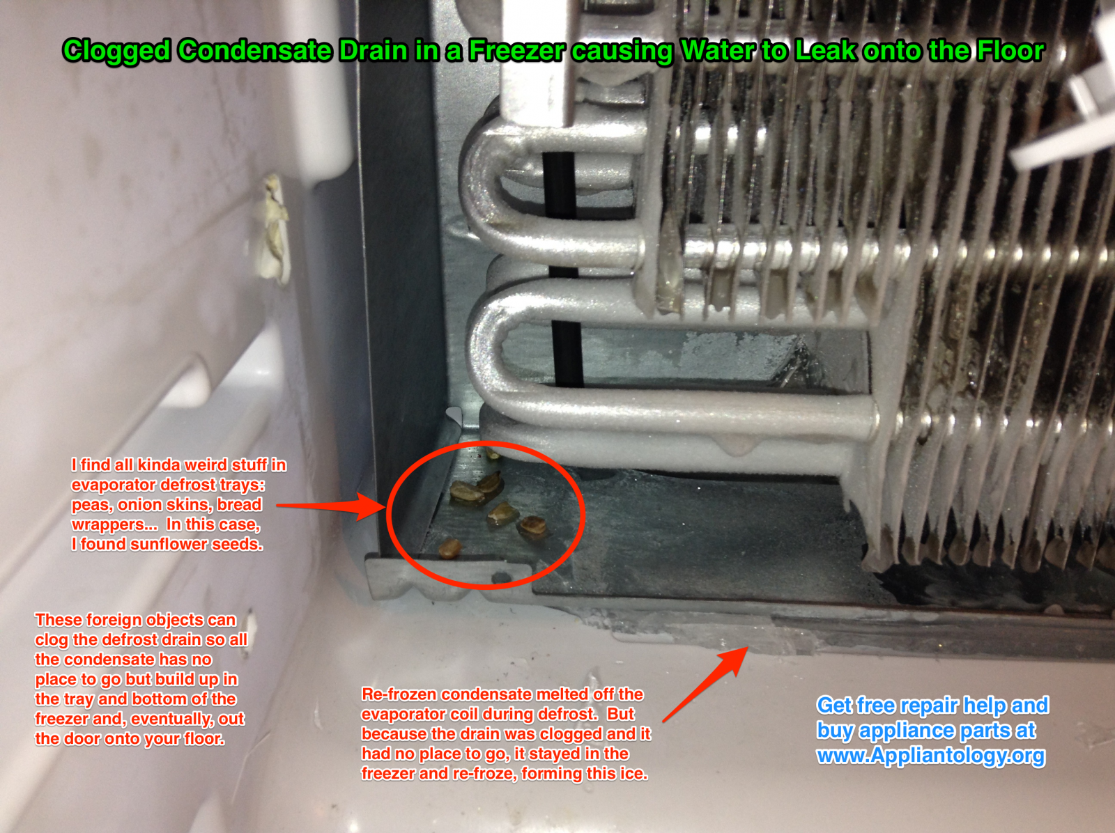 Clogged Condensate Drain In A Freezer Causing Water To Leak Onto