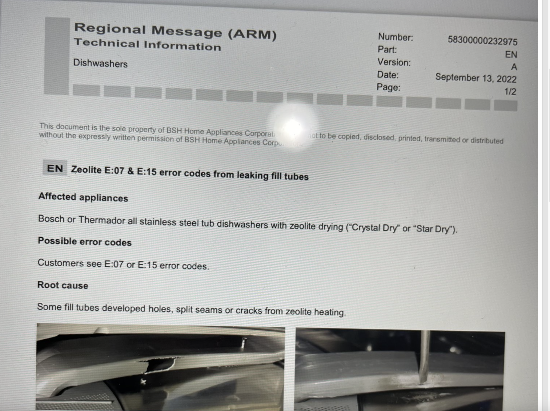 Zeolite DW Service Bulletin Appliance Service Manual Requests